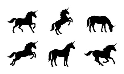 Obraz premium Six Silhouette Unicorns, Mythical Creatures, Fantasy Animals, Magical Equine Icons, Vector Graphics
