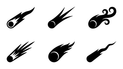 Meteor Icons, Comet Graphics, Space Objects, Celestial Bodies, Cosmic Phenomena, Black Vector Set © Touhid