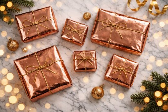 Rose gold wrapped christmas gifts on marble with pine branches for holiday banner and festive gift wrap background