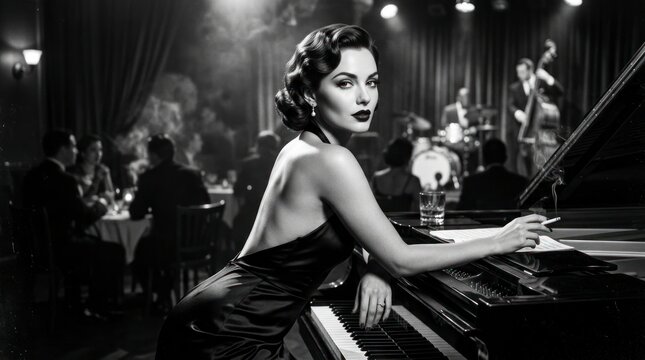 Vintage jazz singer at piano in monochrome