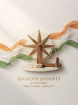 Gandhi jayanti celebration with charkha and flag.