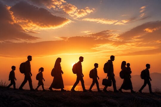 Group walking together toward sunset on hillside trail