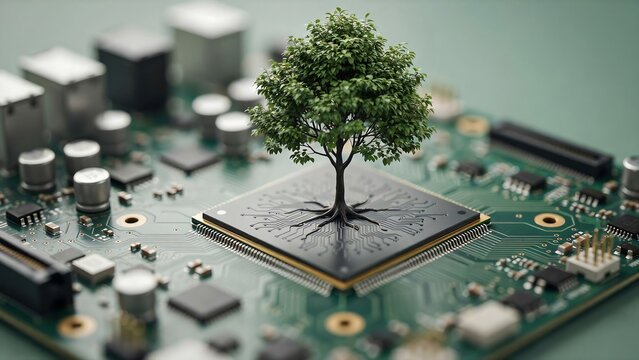 Intelligent technology concept with a growing tree emerging from a computer processor on a circuit board