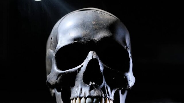 Human skull illuminated by dramatic directional light against dark background