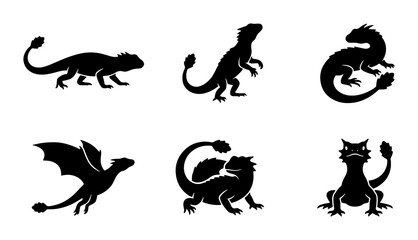 Obraz premium Mythical Dragon Silhouettes, Fantasy Creature Vector Icons, Reptilian Beast Graphics