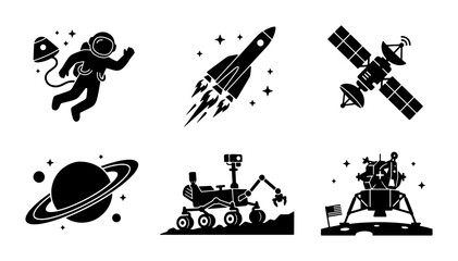 Space Exploration Icons: Astronaut, Rocket, Satellite, Planet, Rover, Lunar Lander Vector Set © Sreya