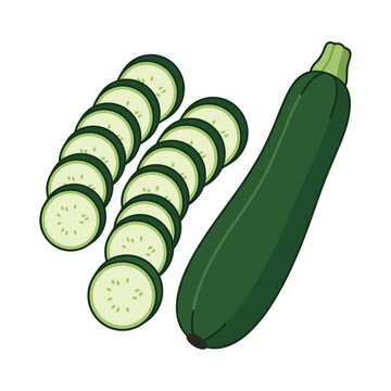 Green zucchini and fresh sliced courgette pieces isolated on white background for kitchen
