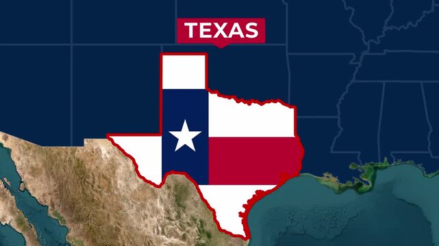 Satellite map animation of Texas, USA. Blinking territory, state flag, pinned name, animated outline of the border. Concept for broadcast, social media, education.
