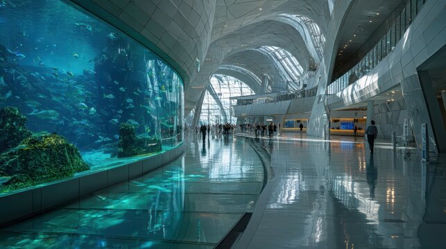Giant aquarium in underground city, sci-fi aesthetic