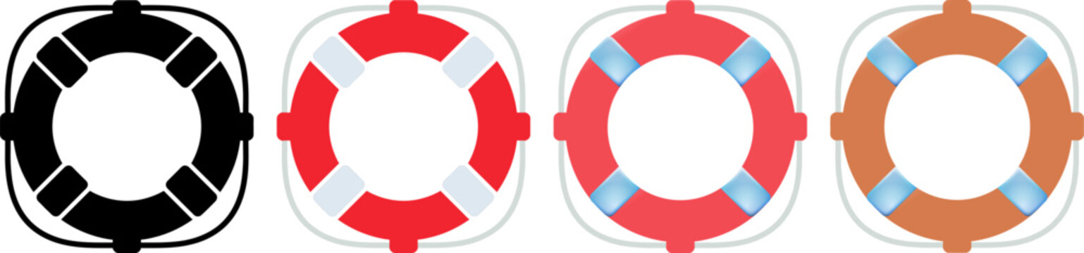 Four lifebuoy icons in different styles and colors