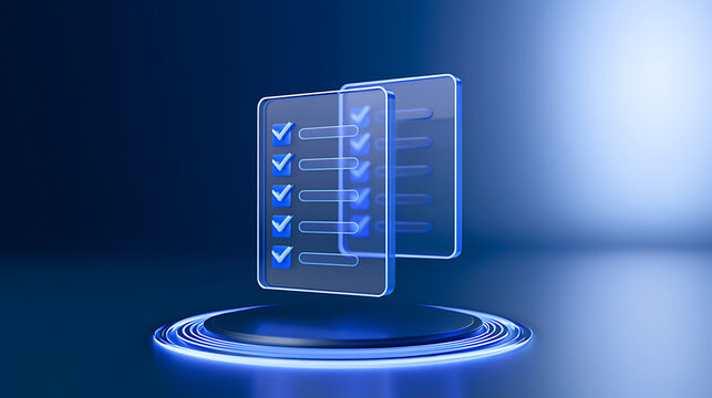 3D render of glass checklist document icon with blue check marks on a futuristic podium, perfect for business and project management use