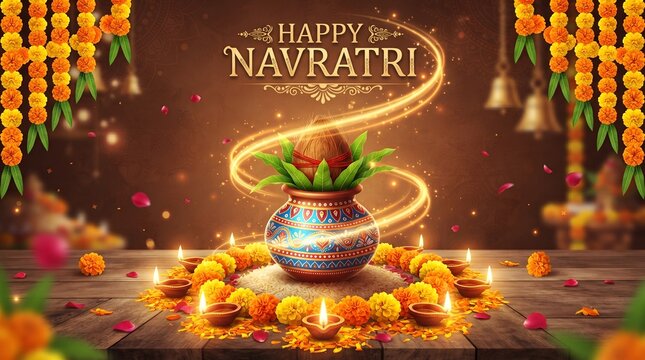 Happy navratri greeting with traditional kalash, coconut, marigold flowers, and glowing diya lamps on a dark background with festive bokeh lights