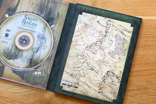 Lord of the rings DVD movie with map over middle earth. First part called The Fellowship of the Ring.
