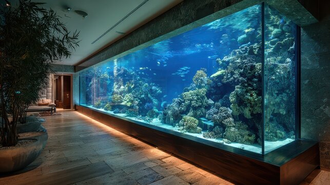 Huge aquarium in private luxury villa, panoramic ocean life view 