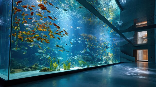 Massive aquarium in modern art gallery, abstract architecture