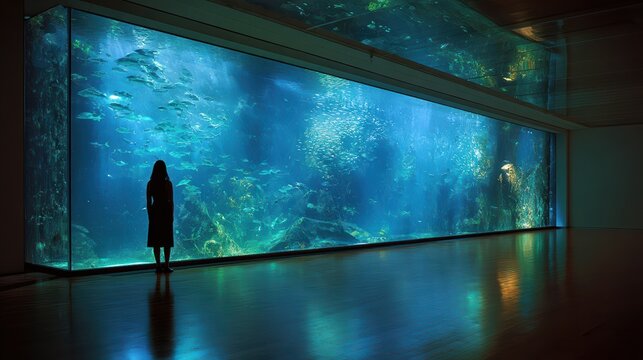 Massive aquarium in modern art gallery, abstract architecture 