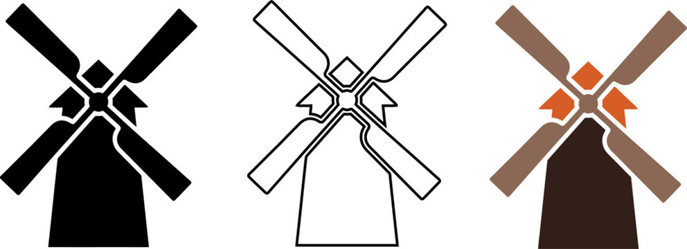 Three stylized windmill icons in black, outline, and brown color variations