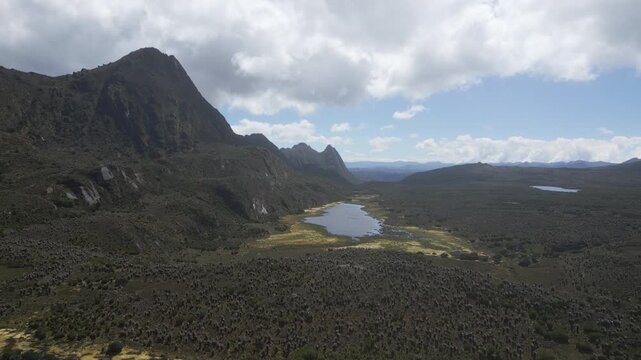 Aerial drone view of the high-altitude Sumapaz Paramo ecosystem in Colombia featuring native frailejon plants, glacial lakes, and rugged Andean mountains.