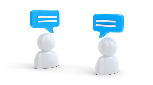 Two 3D white human icons with blue speech bubbles engage in online communication, exchange text messages, and discuss ideas together
