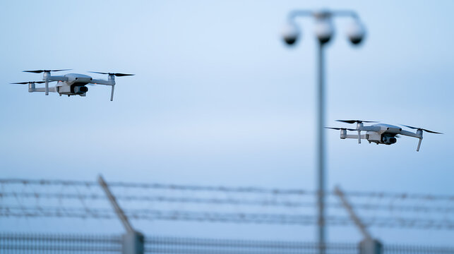 Two modern surveillance drones fly near a secure perimeter fence with security cameras, capturing a serious and high-tech security atmosphere