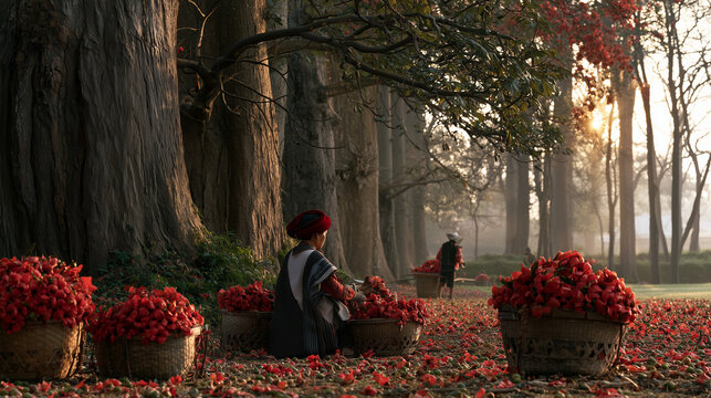 AI generator images of villagers collecting bright red silk cotton flowers beneath towering trees at dawn, baskets filled with flowers, golden sunrise light, authentic northern Thai countryside