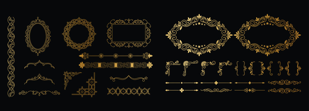 Classic gold filigree frames and intricate border elements for premium invitation design.