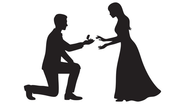 Silhouette of a man proposing to a woman against a white background