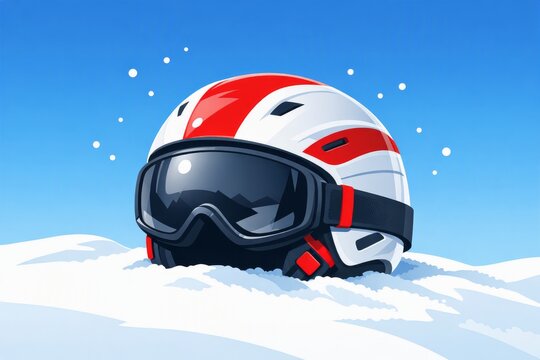 White ski helmet with goggles in snow for winter sports poster and safety equipment background for alpine adventure design