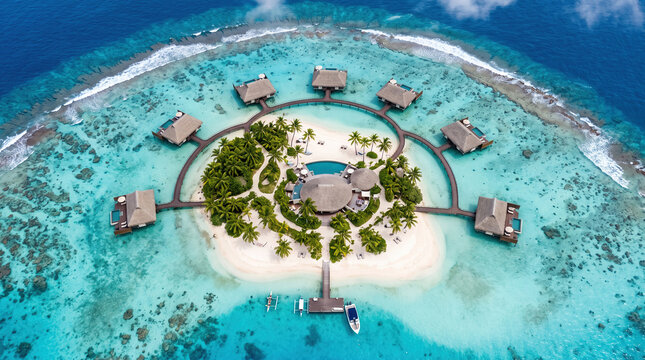 Aerial View of Luxury Private Island Resort with Overwater Bungalows in Turquoise Lagoon