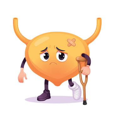 A sad cartoon urinary bladder with crossed adhesive bandages and a bandaged leg leans on a wooden crutch against a white background. Vector mascot represents urinary health problems and treatment