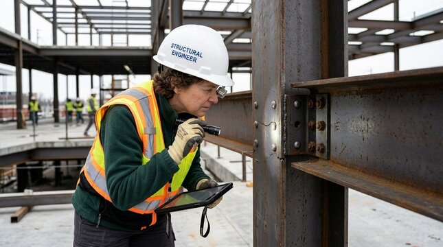 Structural engineer inspecting a beam connection for failure for a structural damage assessment