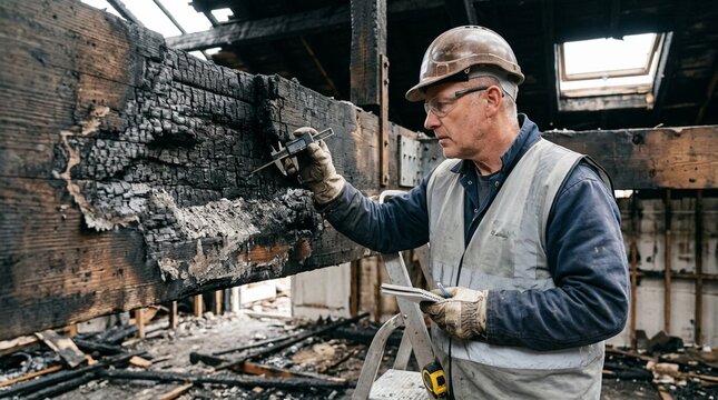 Structural engineer inspecting a beam for fire char depth for a fire damage insurance claim