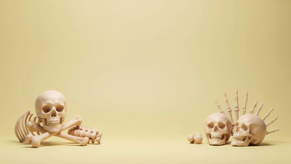 Obraz premium 3D Render Human Skulls Bones Skeleton Anatomy Beige Background Minimalist