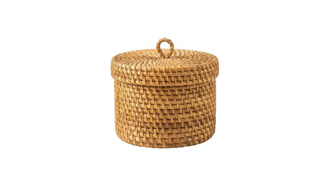 Small round woven rattan storage basket with lid isolated on transparent background
