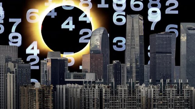 solar eclipse during totality with overlayed code with city skyline