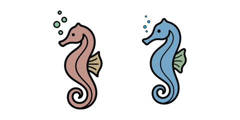 Two colorful seahorses with bubbles in a simple cartoon illustration style © MD.Khalad Hasan
