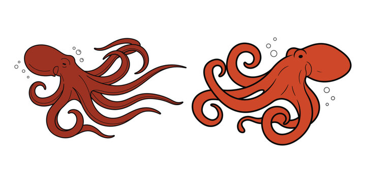 Two watercolor illustrations of red octopuses on a white background