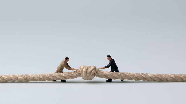 Miniature businessman figure pull rope tied in knot on white background, symbol of business challenge, corporate teamwork and obstacle concept