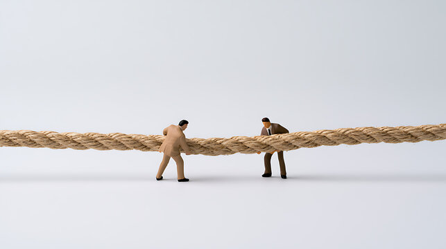 Miniature business figures struggle and pull together on a thick jute rope symbolizing corporate teamwork, challenge, and partnership effort