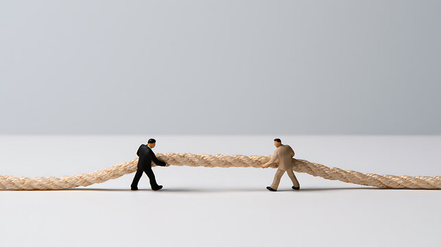 Miniature businessman figure pull rope business concept for team work corporate metaphor strategy partner compete struggle corporate teamwork