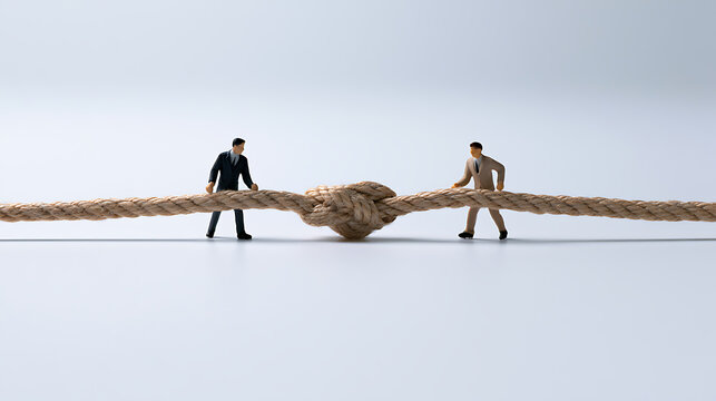 Miniature business figures solve complex problem tie knot rope studio shot corporate metaphor teamwork strategy challenge success solution business