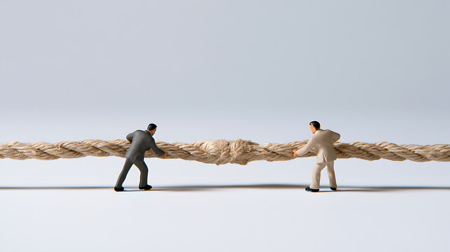 Miniature businessman figure pull rope for business challenge concept teamwork metaphor corporate success symbol strategy competition problem
