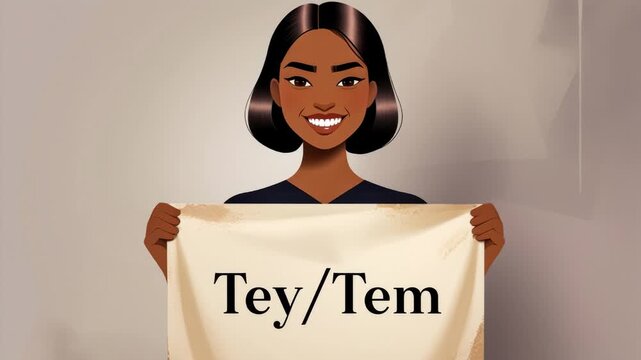 Non-binary person holds poster with new pronouns Tey Tem, reflect gender identity AI Generative