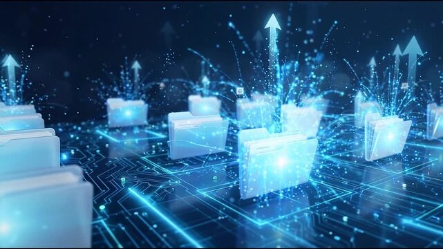 Digital data folders with glowing upload arrows on circuit board