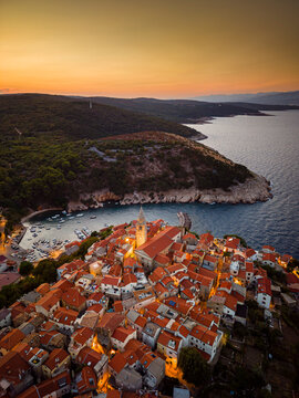 Aerial view of Vrbnik old town on Krk Island at sunset, Croatia