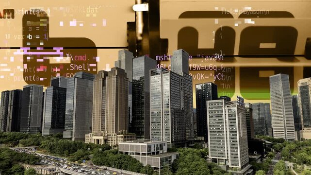 Chongqing cyberpunk city skyline with time and clocks numbers in the sky