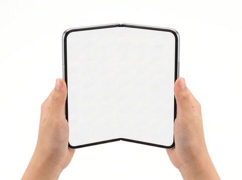 Foldable smartphone with a blank white screen is held by two hands against a solid bright background.