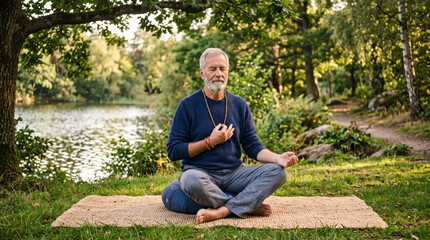 Obraz premium Elderly man meditating peacefully by a tranquil lake in a lush green forest setting