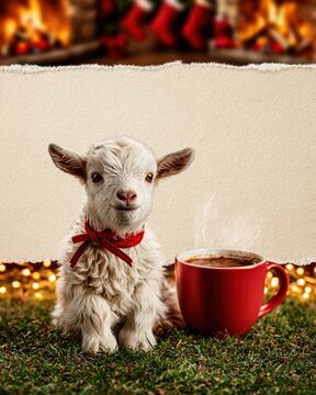 Holiday greeting card concept with young white goat kid on green grass holding attention near red cup of hot drink, glowing fireplace firelight and warm festive decorations in background