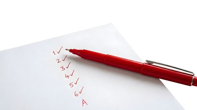 Bright red felt tip pen resting on a paper sheet marked with sequential numbered list and checkmarks on white background